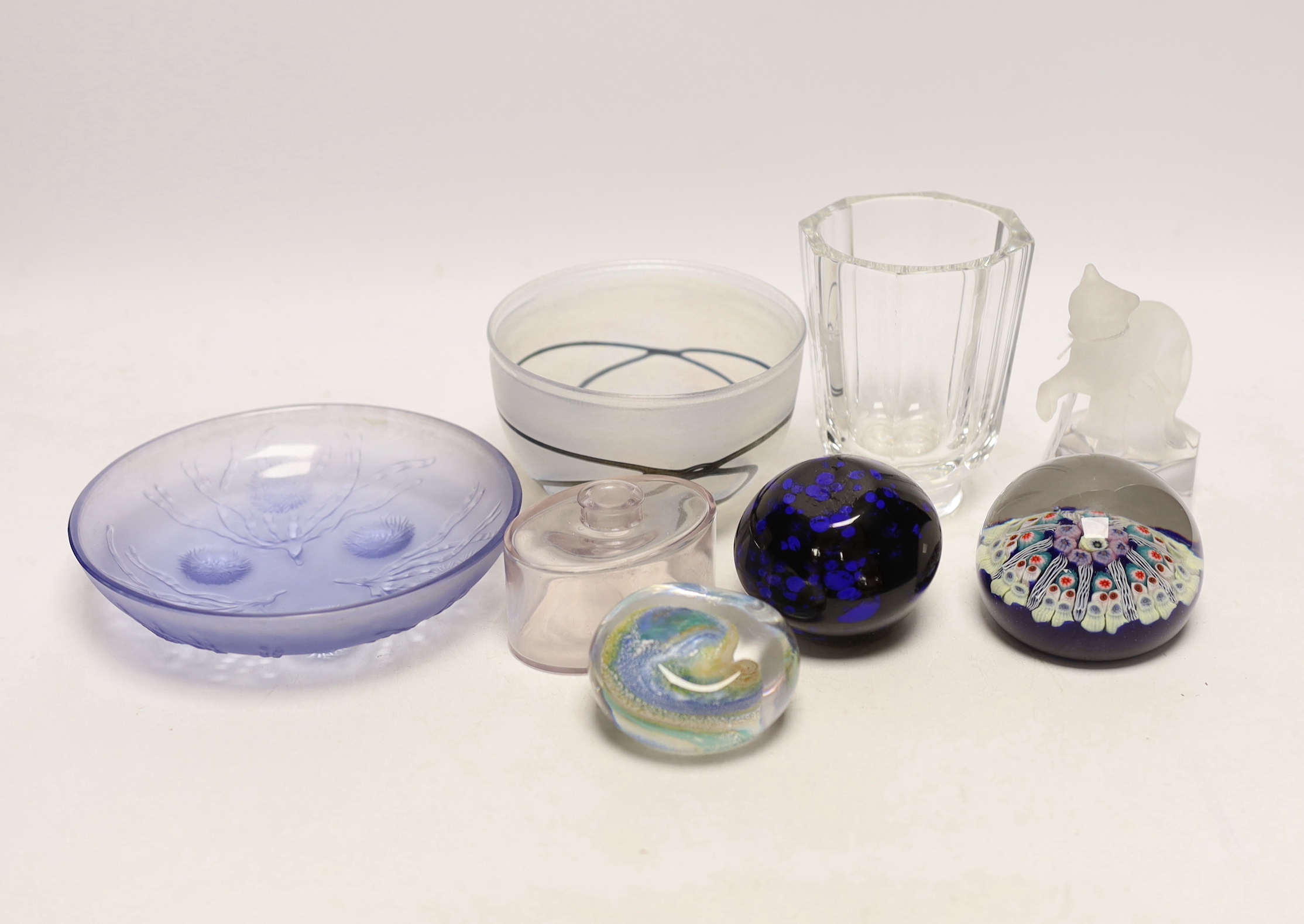 A collection of signed 20th century glassware, a Goebel cat, a Sabino dish, a bowl, an ink bottle, vase and three paperweights, vase 10.5cm